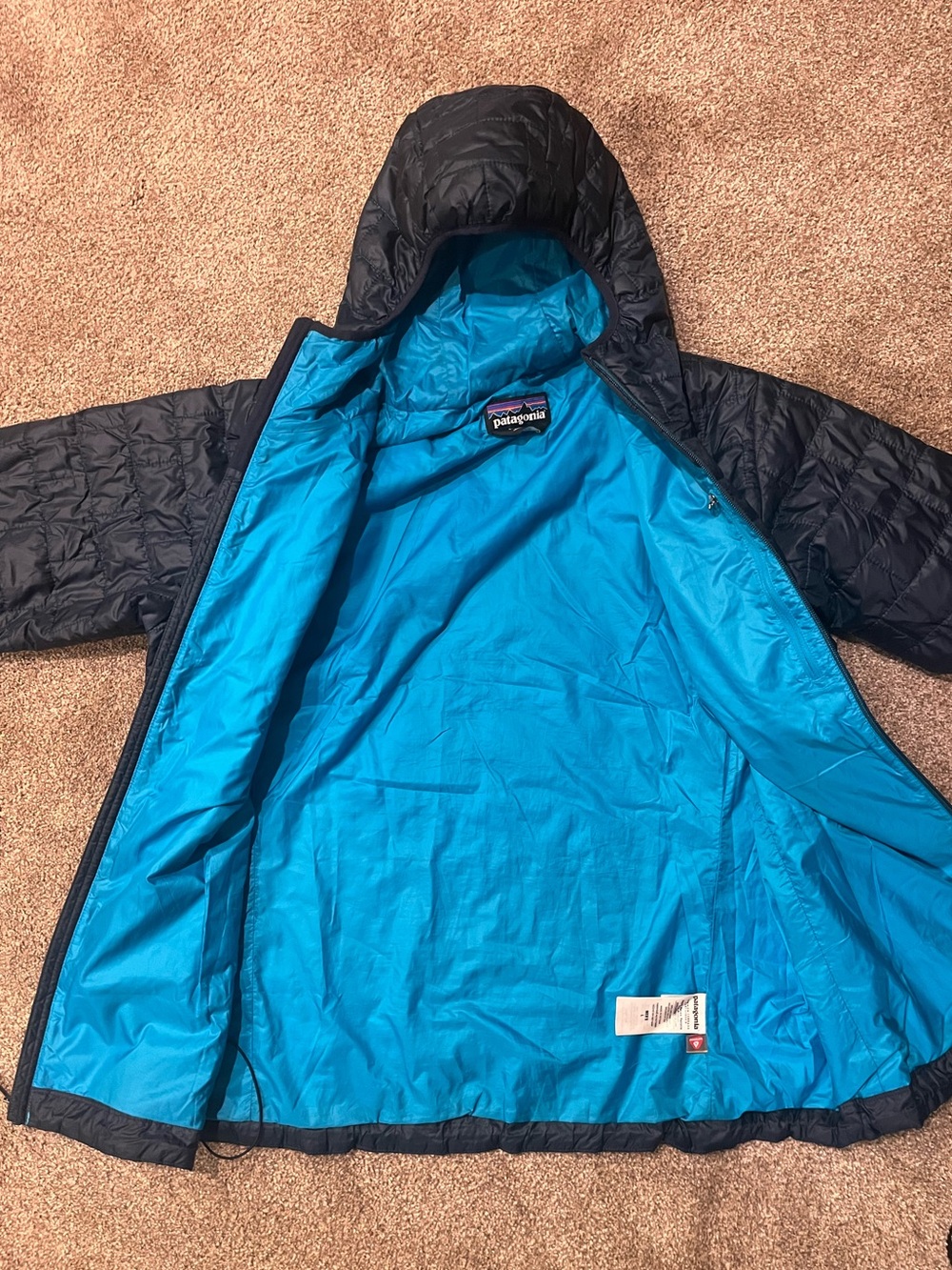 Large Navy Blue Patagonia Nano Puff Hoody with light blue accents - Picture 3 of 7